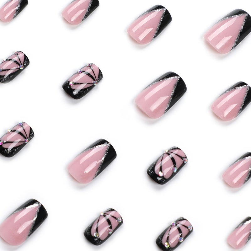 Vezocim Black Press on Nails Medium Square 24Pcs Artificial Glossy French Fake Nails with Rhinestone Designs Full Cover Coffin False Nails Glue Stick on Nails Fingernails with Charm for Women Girls - Image 3